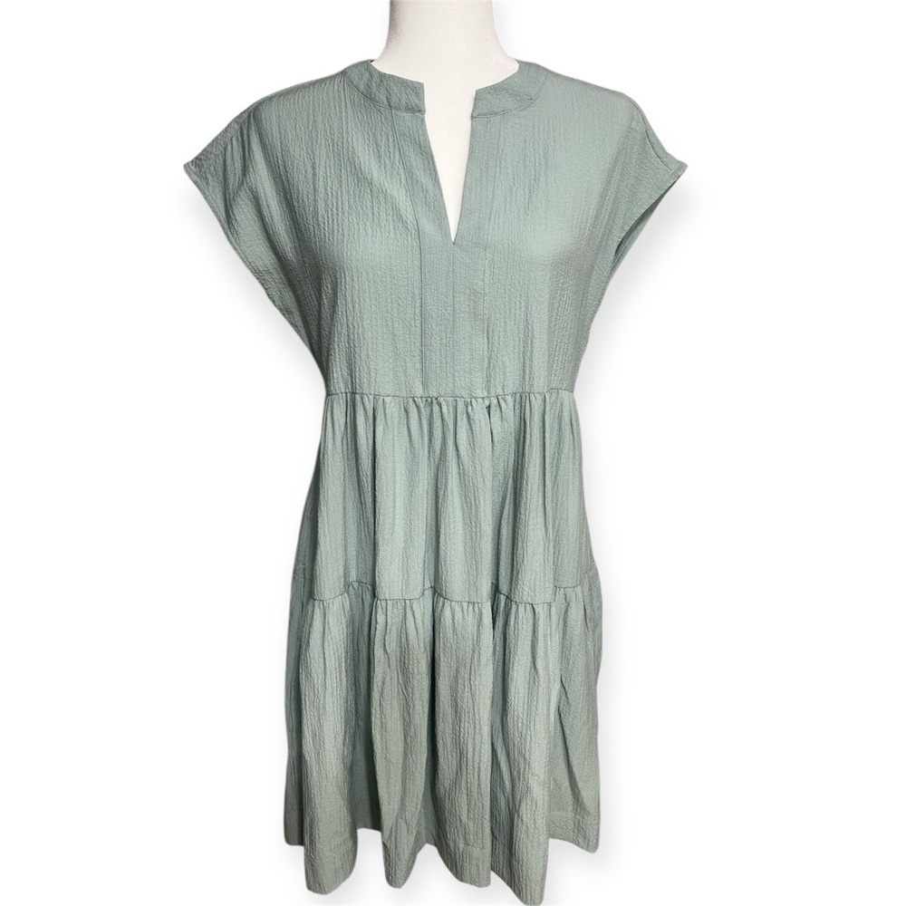 Calvin Klein Sage Green Tiered Dress, Tie-Back w/ pockets, Size 4 NWT